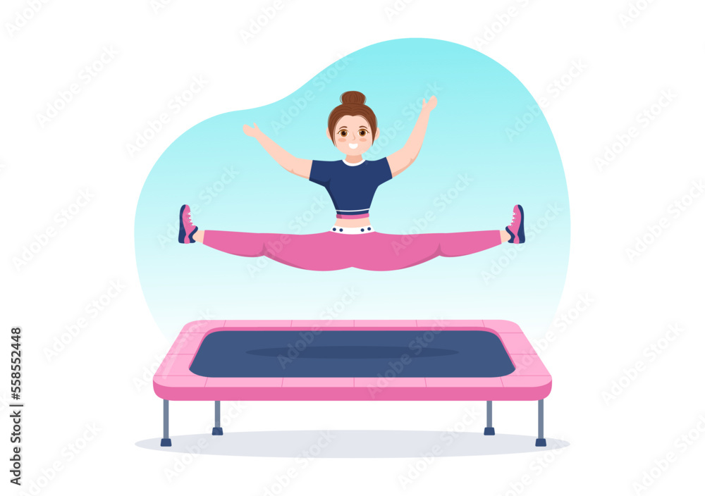 Fototapeta premium Trampoline Illustration with Youth Jumping On a Trampolines in Hand Drawn Flat Cartoon Summer Outdoor Activity Background Template
