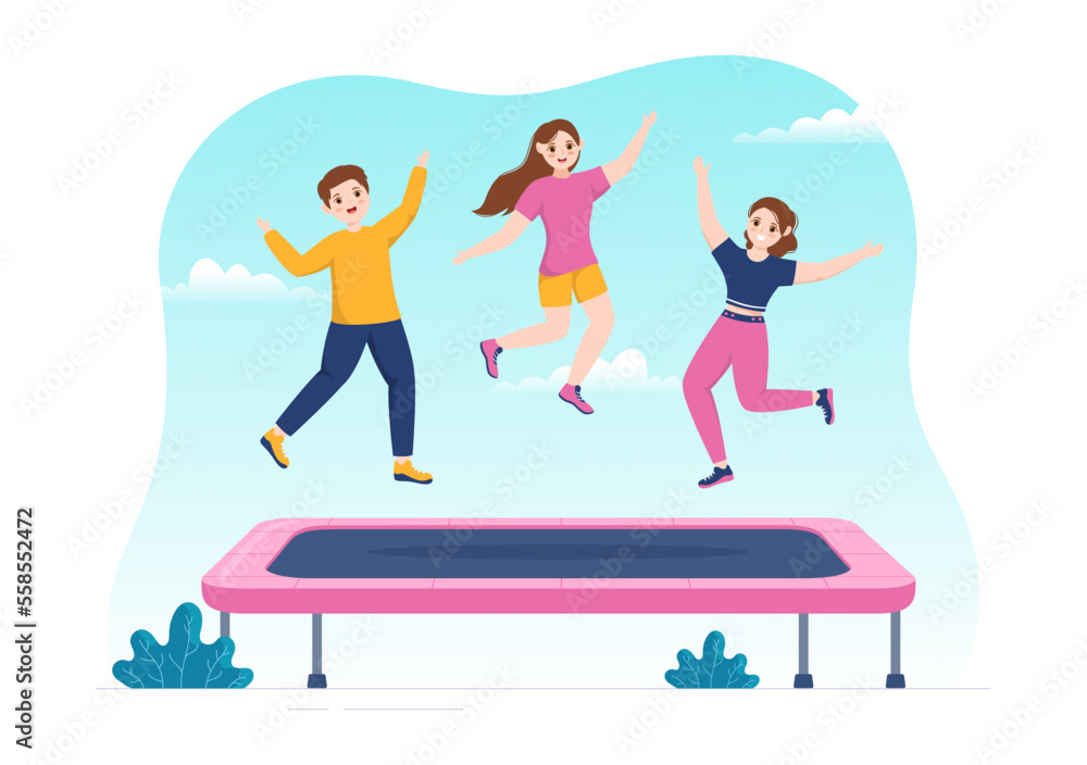 Trampoline Illustration with Youth Jumping On a Trampolines in Hand Drawn Flat Cartoon Summer Outdoor Activity Background Template