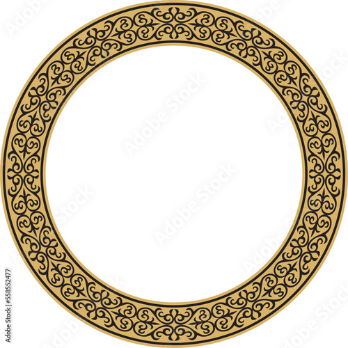 Vector gold and black Kazakh national round pattern, frame. Ethnic ornament of the nomadic peoples of Asia, the Great Steppe, Kazakhs, Kirghiz, Kalmyks, Mongols, Buryats, Turkmens