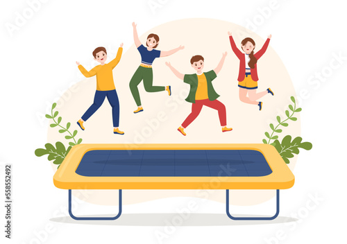 Trampoline Illustration with Youth Jumping On a Trampolines in Hand Drawn Flat Cartoon Summer Outdoor Activity Background Template