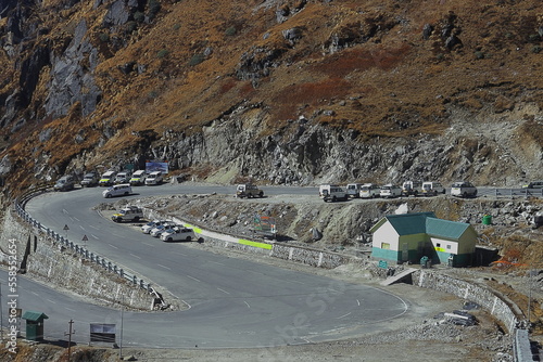 strategic border road to developing infrastructure along the sino indian border (india china border). line of actual control at nathu la pass near doklam, sikkim in india photo