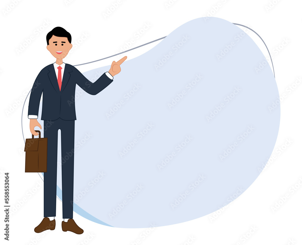 illustration of smiling man showing hand at direction. close up portrait of cartoon businessman, isolated on white background illustration of smiling man showing hand at direction. close up portrait of cartoon businessman, isolated on white background