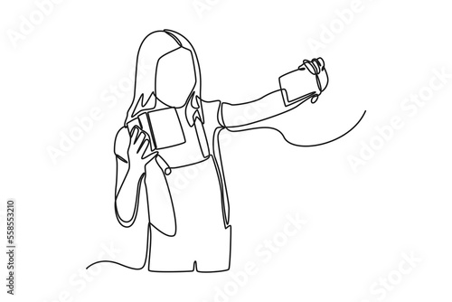 Single one line drawing business woman live streaming selling wallets through online with her smartphones. Marketing Concept. Continuous line draw design graphic vector illustration.
