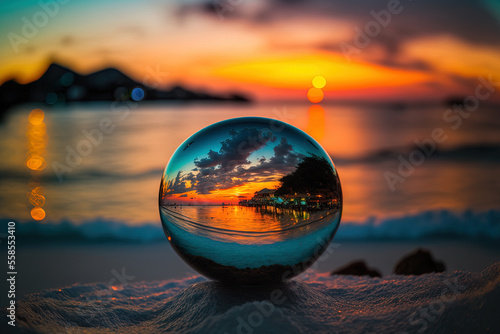 Shot of the beach on Koh Lipe selectively focussed and reflecting in a glass ball. Generative AI