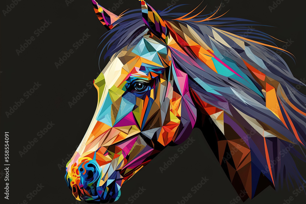 A horse's head in abstract geometric form. vibrant in the popart WPAP fashion. editable in . Generative AI - obrazy, fototapety, plakaty 