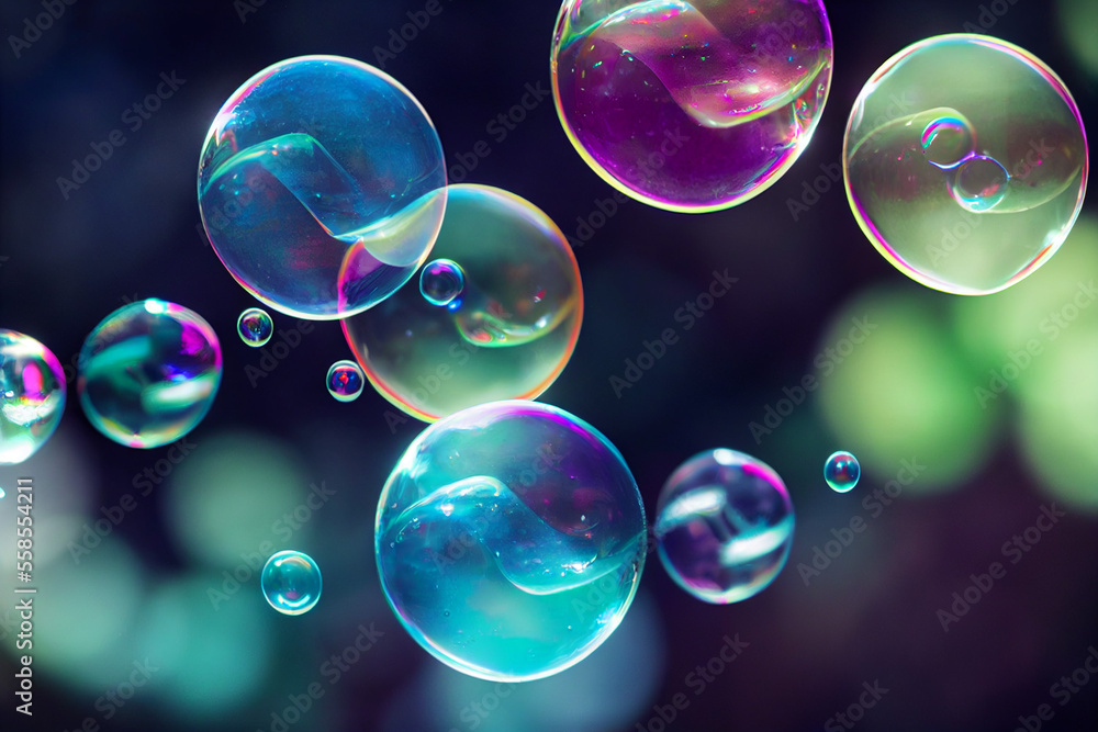 colorful soap bubbles flutter in the wind, generative AI colorful soap bubbles flutter in the wind, generative AI