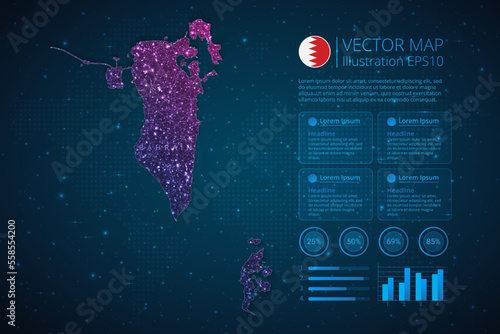 Bahrain map infographics template for diagram, graph, presentation and chart with abstract geometric mesh polygonal light concept on blue background. Vector Illustration EPS10.