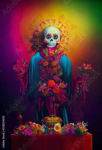 A colourful Traditional Calavera, sugar skull decorated with flowers for "dia de los muertos", "Day of the dead".