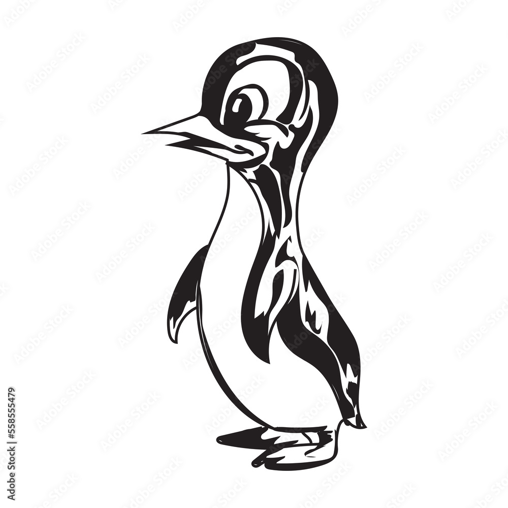 Obraz premium Black and White Cartoon Penguin Vector Illustration