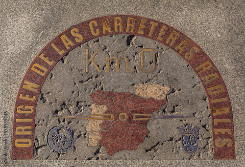 Zero kilometer brass plaque on Puerta del Sol square in Madrid, Spain