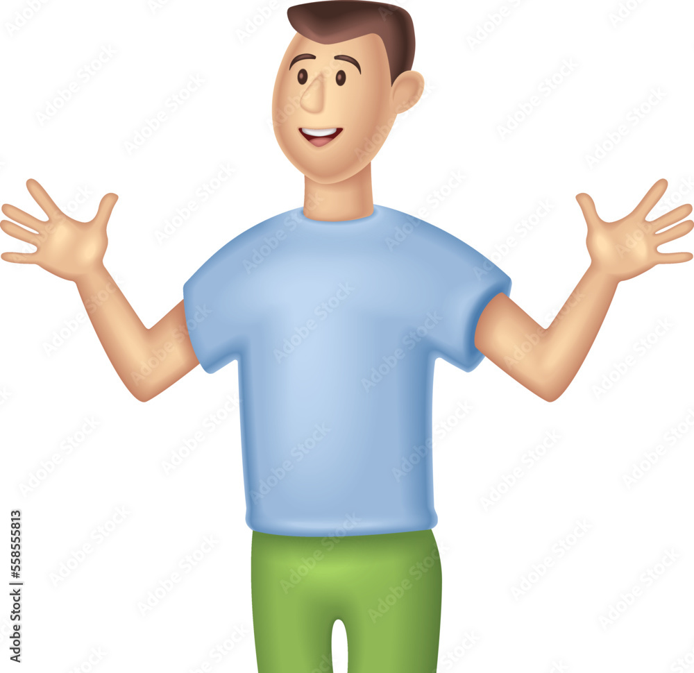A man with a short haircut in a blue t-shirt. A man with outstretched hands. Smiling character. 3d vector people character.Cartoon minimal illustration.