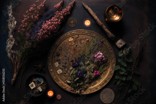 Brass Rose Gold Decorated Plate with Colorful Dried Herbs and Flowers, top view