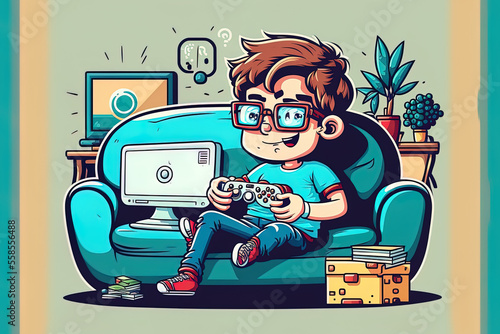 game design idea. Nerd Larry is sitting on the sofa and playing video games. illustration. Generative AI photo