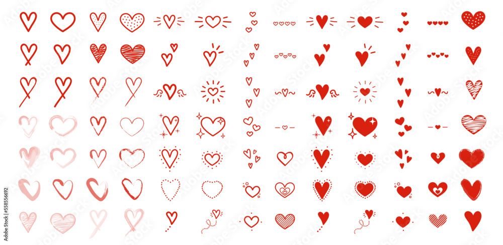 Set de ilustraciones decorativas dibujadas a mano de corazones en color rojo para San Valentin. Vector