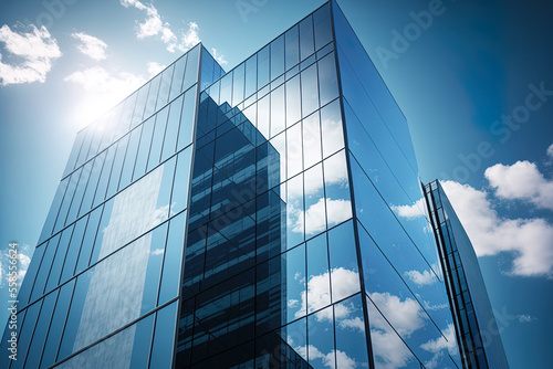 Fotografia Glass fronted contemporary office building with a backdrop of a blue sky