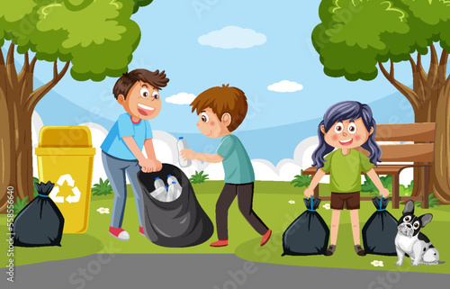 Cartoon kids collecting trash in the park