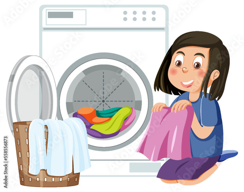 A girl doing laundry with washing machine