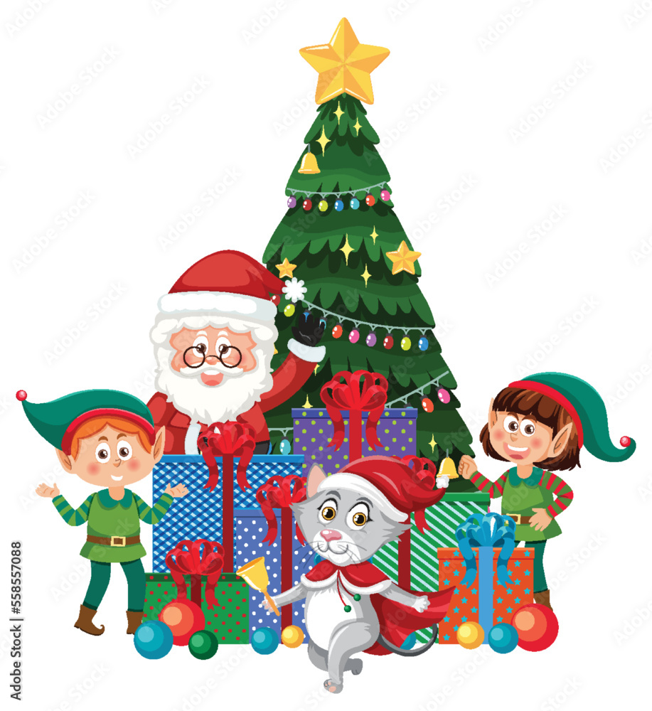 Christmas tree with elves cartoon character Christmas tree with elves cartoon character