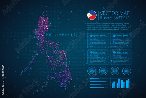 Philippines map infographics template for diagram, graph, presentation and chart with abstract geometric mesh polygonal light concept on blue background. Vector Illustration EPS10.