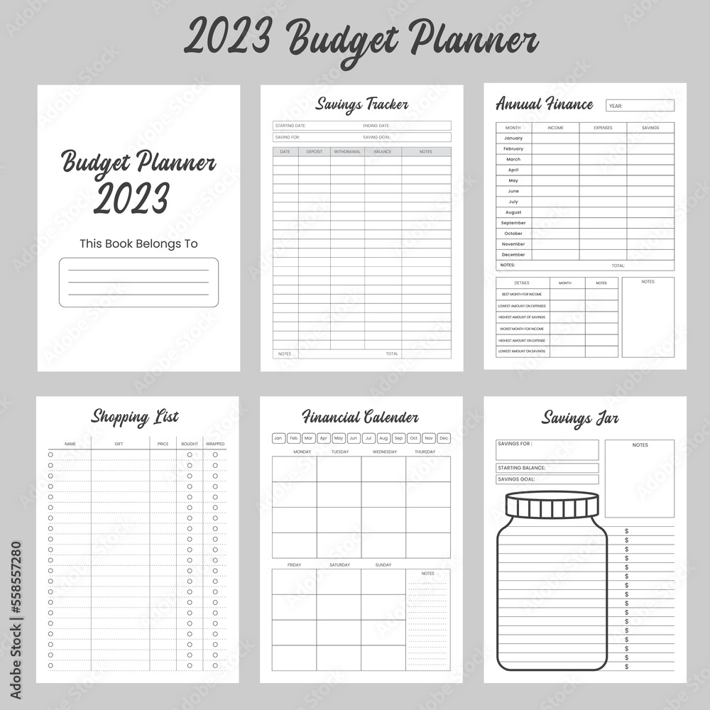 2023 budget planners set logbook or notebook kdp interior Stock Vector