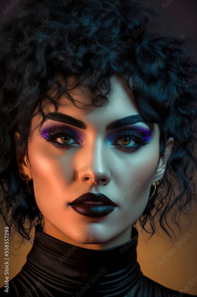 beautiful 80s mexican girl goth makeup and short black hair