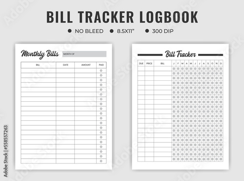 Bill tracker logbook planner or notebook template