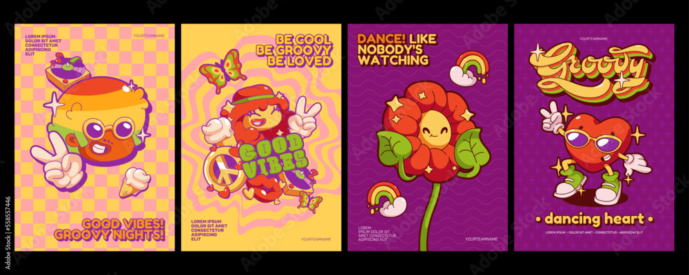 Retro groovy posters design in 70s style. Psychedelic banners with cute hippie characters, funny flower, heart, butterfly and peace sign, vector illustration in contemporary style