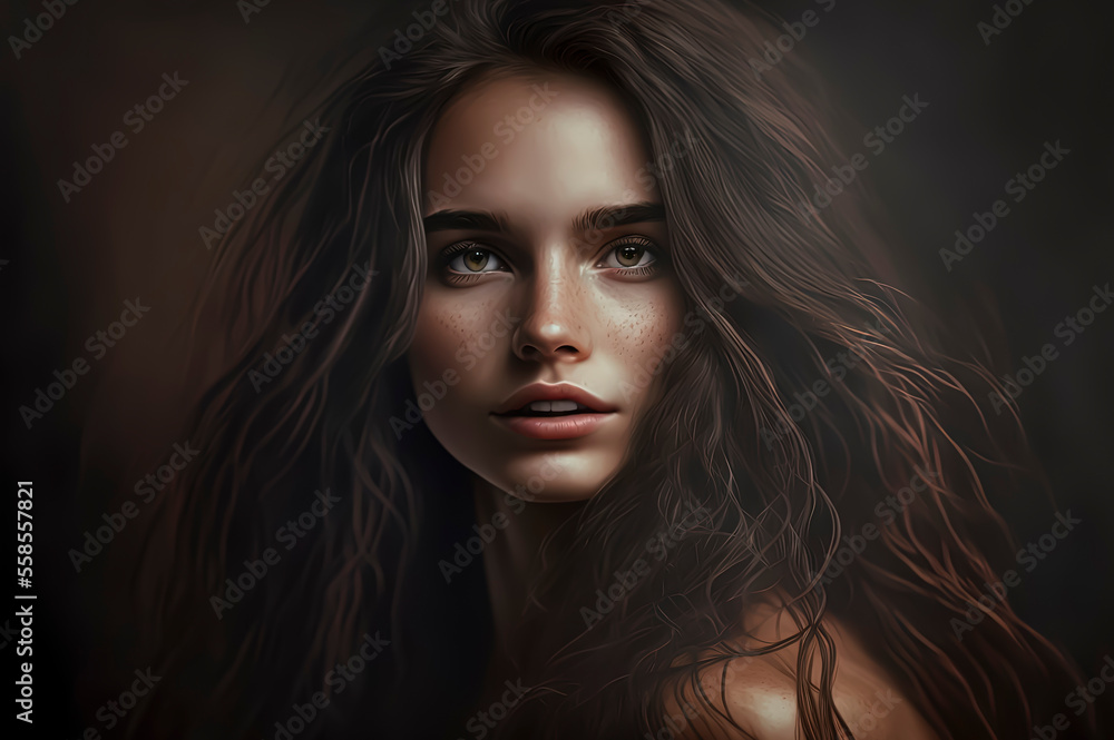 Portrait of a beautiful girl, She has long, flowing hair that is a rich, dark color, and her skin is a warm, golden tone.