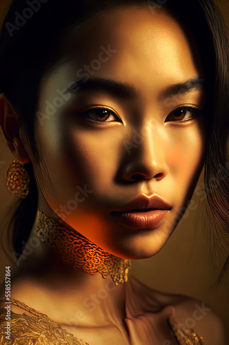 Beautiful Asian woman in a golden dress
