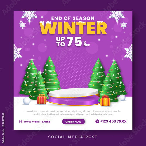 Winter sale social media banner with christmas trees and podium product display