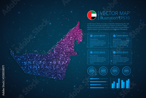 United Arab Emirates map infographics template for diagram, graph, presentation and chart with abstract geometric mesh polygonal light concept on blue background. Vector Illustration EPS10.