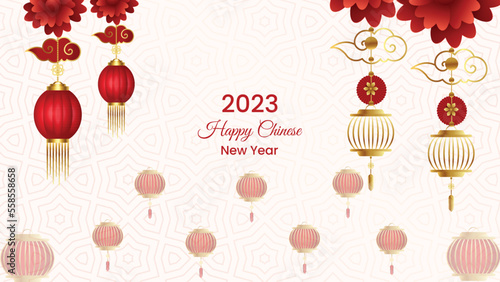 Colorful happy chinese new year 2023 with realistic lanterns Background design 35