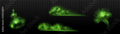 Green foggy trail from quick start, takeoff, explosion isolated on transparent background. Realistic vector illustration of smoke cloud and black particles. Car, rocket, aircraft speed design element