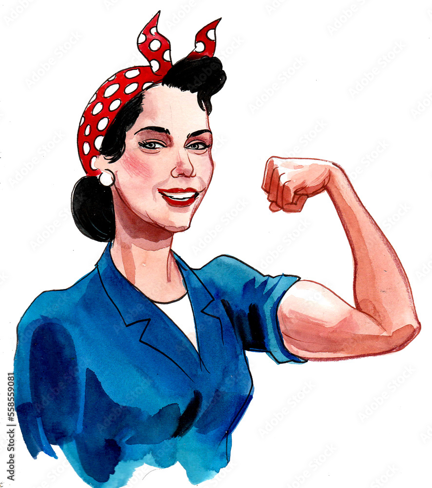 Strong pinup styled female worker flexing biceps. Ink and watercolor