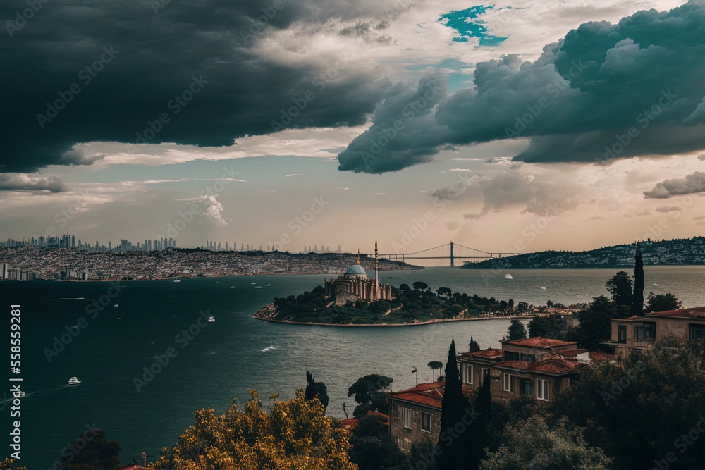 Istanbul, Turkey, September 52021 Cloudy sky and a panoramic view of the Bosphorus. Generative AI