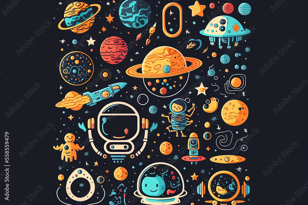 Set of space themed doodles. Generative AI