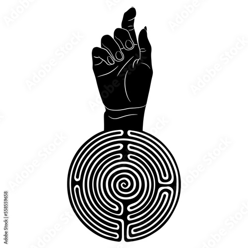 Raised up human female hand with pointing index finger emerging from a round spiral maze or labyrinth symbol. Pointing index finger. Creative philosophical concept. Black and white silhouette. 