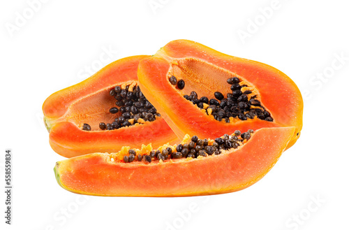 half of ripe papaya fruit with seeds isolated on transparent png