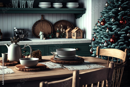 Kitchen furniture and accessories for the holidays Christmas indulgence and New Year's festivities Winter getaways and holidays jovial table. Generative AI
