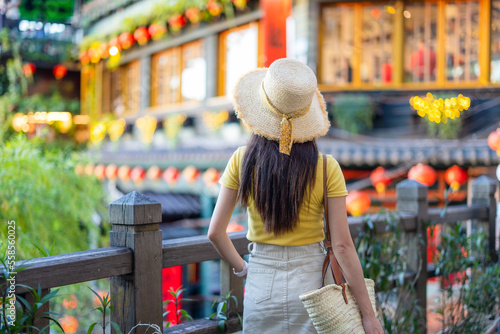 Tourist woman visit Jiufen village in Taiwan photo