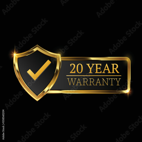20 year warranty logo with golden shield and golden ribbon.Vector illustration.