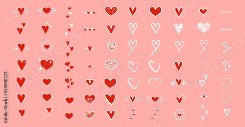 Set de ilustraciones decorativas dibujadas a mano de corazones para San Valentin. Vector