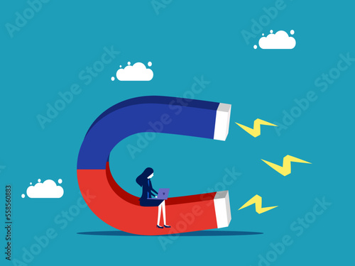 Businesswoman market with magnets to attract people. create attraction concept vector