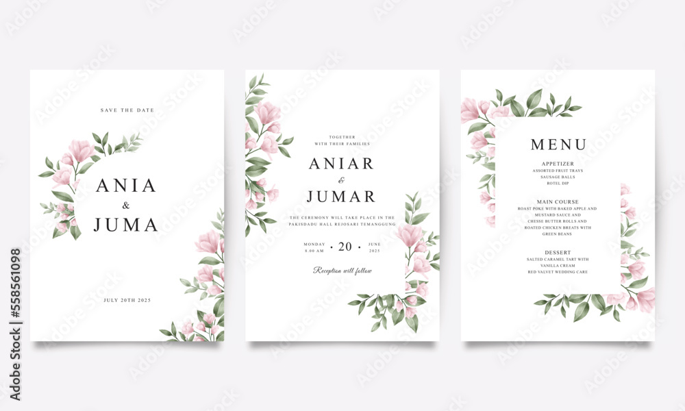 Beautiful wedding invitation template with pink watercolor flowers