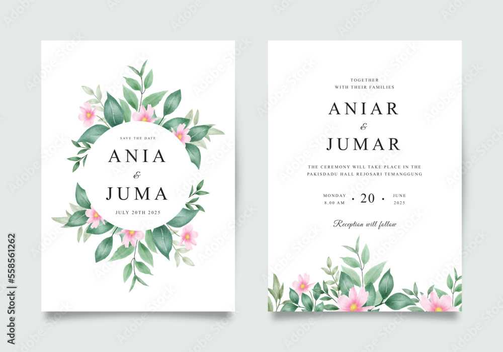 Beautiful wedding invitation with watercolor green flowers and leaves