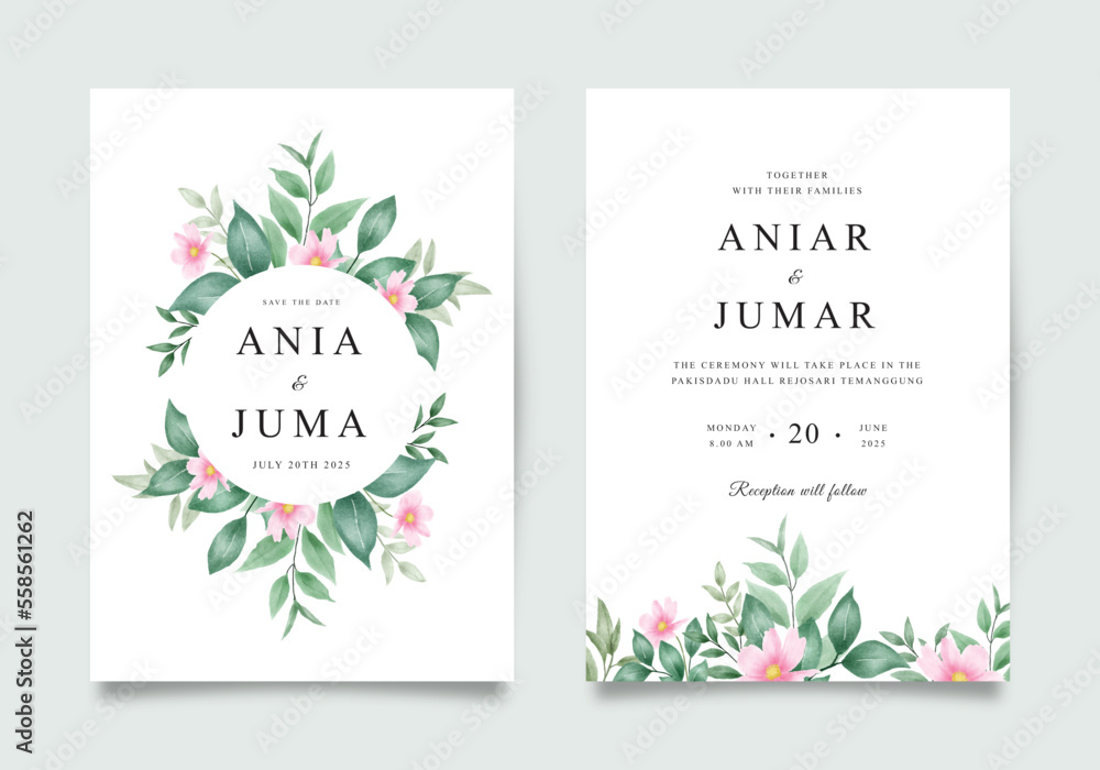Beautiful wedding invitation with watercolor green flowers and leaves Beautiful wedding invitation with watercolor green flowers and leaves