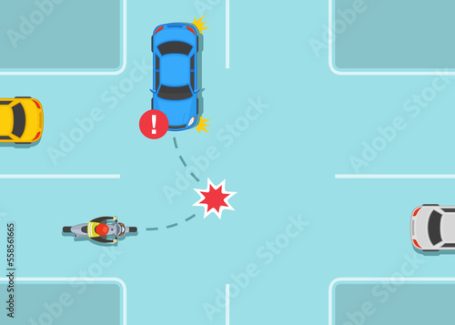 Safe car driving and bike riding tips and rules. Left turn accident involving car and motorcycle on crossroad. Flat vector illustration template.