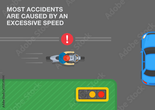 Safe motorcycle riding rules and tips. Most accidents are caused by an excessive speed. Top view of moto rider about to hit another car on junction road. Flat vector illustration template.