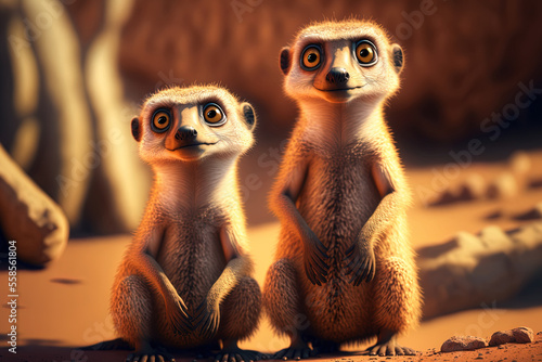 Brown meerkats on the ground, standing next to one another. Generative AI