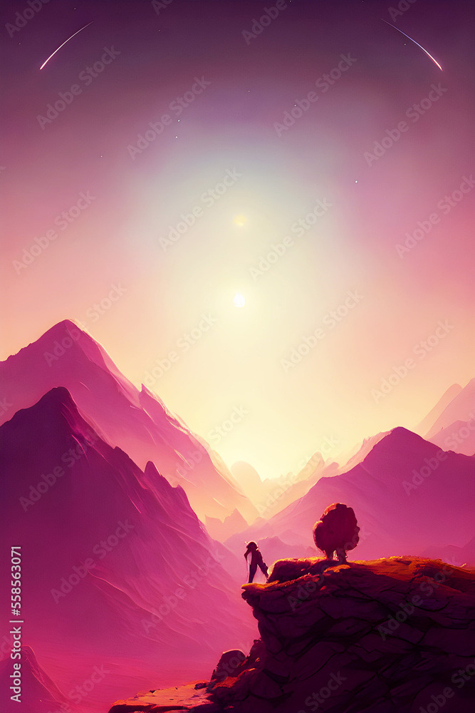 Fototapeta premium Red Sunset Hiking - Landscape Graphic Art 